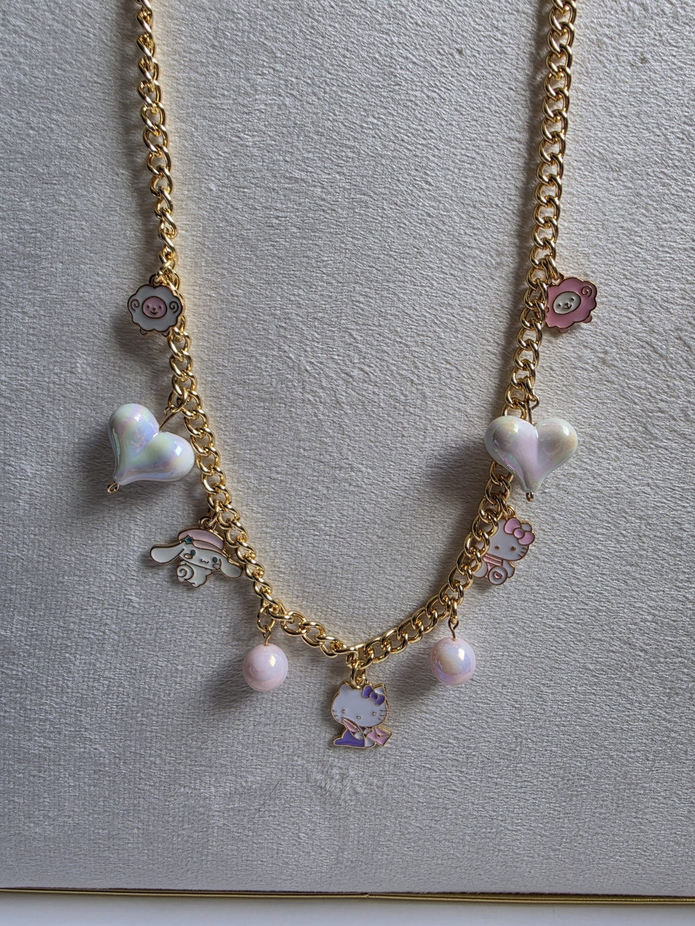 Gold Chain Necklace with Pink Enamel Charms and Pearlescent Beads - Picture 4 of 6